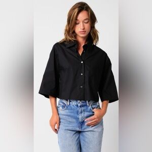 Vintage Christopher & Banks 100 % linen black collared blouse. Size Large.